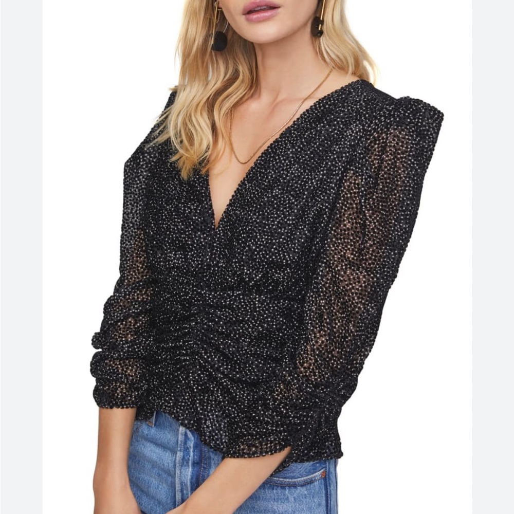 ASTR the Label Florence Princess Sleeve Top in black velvet dot SZ M